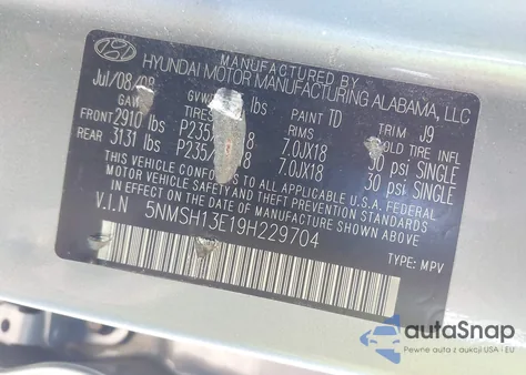 2009 Hyundai Santa Fe Limited z USA, uszkodzony, nr VIN 5NMSH13E19H229704